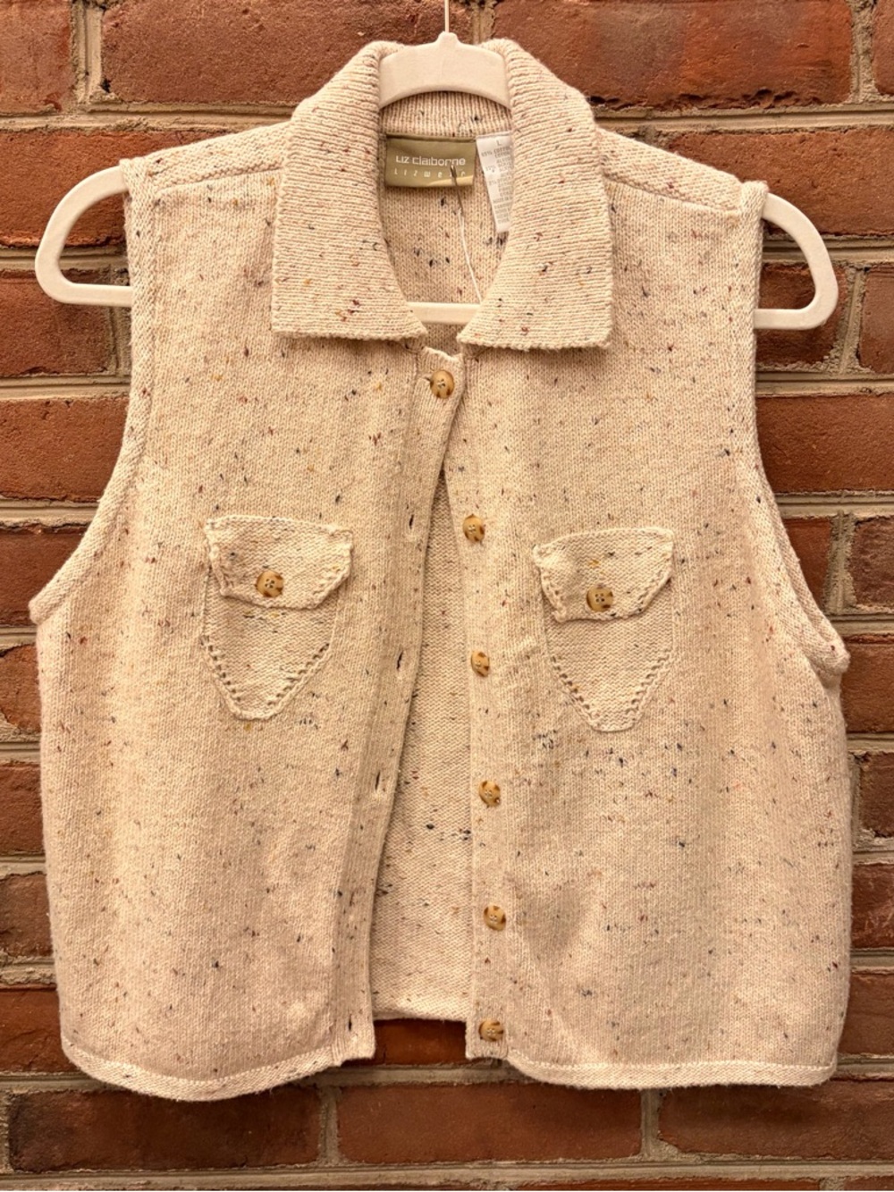90’s Liz Claiborne Cream Speckled Confetti Knit Button-Front Sweater Vest